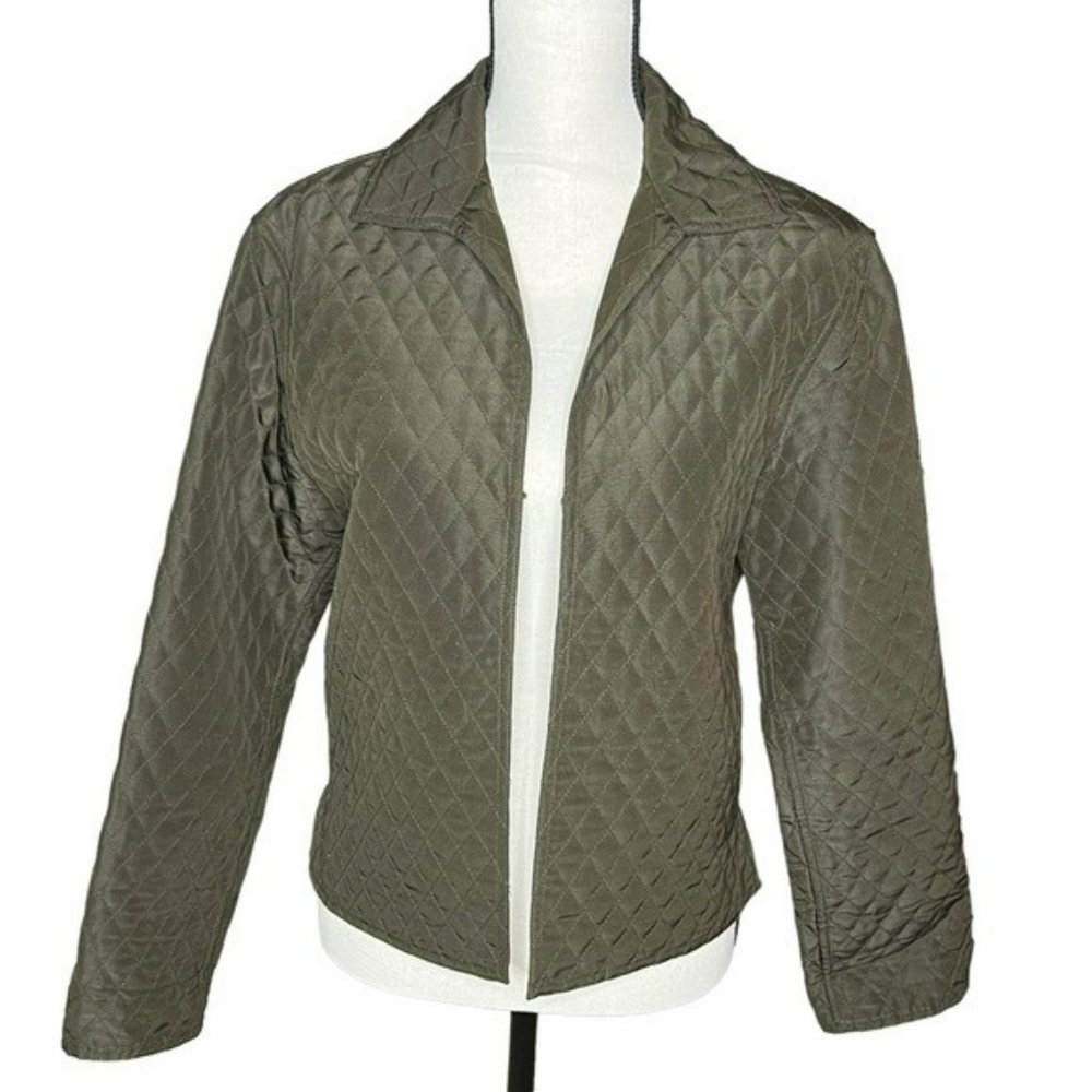 Carlisle Olive Green Silk Wool Lightweight Quilt Open Jacket Blazer Size 2 - Picture 2 of 9